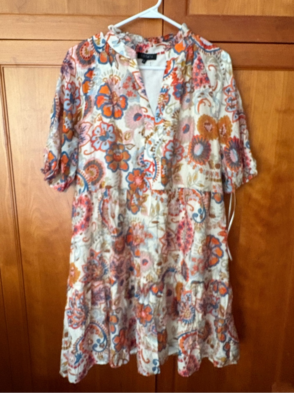 Silk Floral Tiered Boho Dress — Cream with Orange & Blue Floral Print
